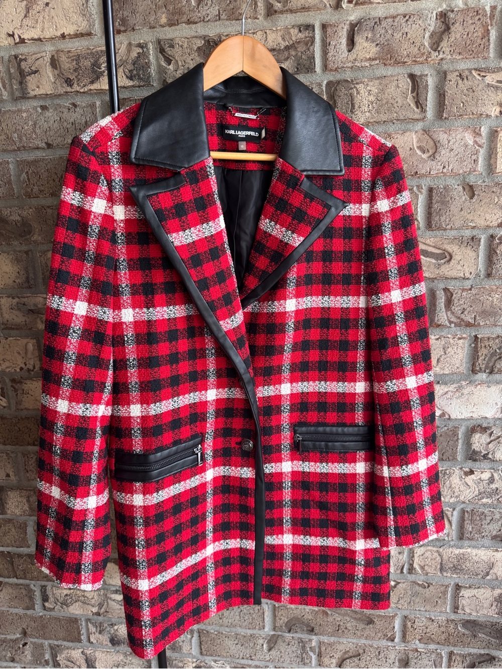 Karl Lagerfeld Paris Plaid Faux Leather Trim Long Blazer Jacket Size 10 - Picture 3 of 16